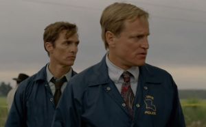 from left Rust (McConaughey) and Marty (Harrlesson)